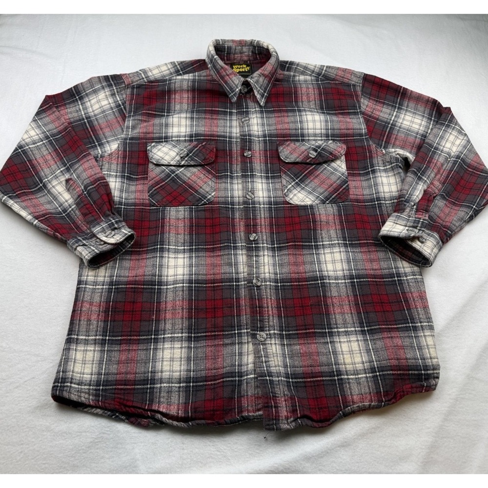Work n' Sport Men's Flannel Shirt CL Red Gray Plaid Button-Up 100% Cotton